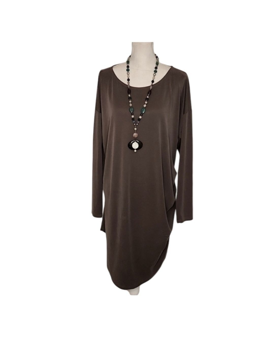 Lisa Bayne Lenzing Modal Shift Dress Taupe XXL Side Ruched Long Sleeve Lagenlook